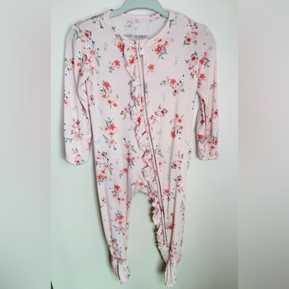Posh Peanut Pink Floral Ruffled Zippered Footie Size 6-9M
